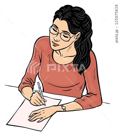 Beautiful student girl in glasses writing on paper Beautiful student girl in glasses writing on paper 125075619
