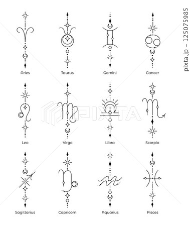 Set of zodiac sign and symbol blackwork tattoo. Sacred geometry horoscope tattoo design collection, mystic symbol of constellation. New school dotwork, line art minimalist style tattoo. 125075985