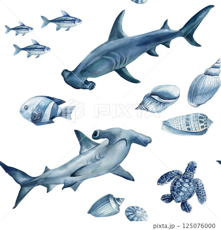 Watercolor seamless pattern. Hammerhead sharks fish shells and turtle in blue ocean theme for tropical sea life design Watercolor seamless pattern. Hammerhead sharks fish shells and turtle in blue ocean theme for tropical sea life design 125076000