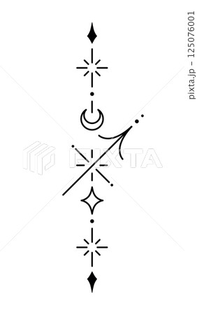 Sagittarius zodiac sign and symbol blackwork tattoo. Sacred geometry horoscope tattoo design, mystic symbol of constellation. New school dotwork, line art minimalist style tattoo. 125076001