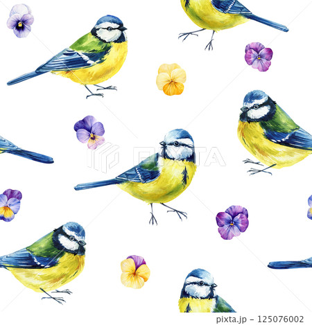 watercolor seamless pattern with blue tit birds and colorful pansy flowers, spring bird, floral pattern on background 125076002
