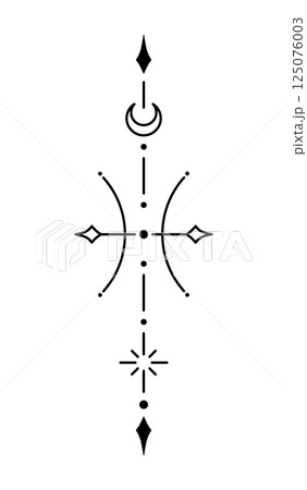 Pisces zodiac sign and symbol blackwork tattoo. Sacred geometry horoscope tattoo design, mystic symbol of constellation. New school dotwork, line art minimalist style tattoo. 125076003