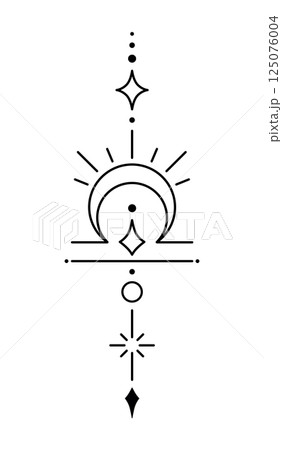 Libra zodiac sign and symbol blackwork tattoo. Sacred geometry horoscope tattoo design, mystic symbol of constellation. New school dotwork, line art minimalist style tattoo. 125076004