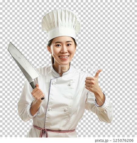 happy, smiling, positive female chef showing thumbs up, holding a chef's knife or cleaver, cut-out, clipping path, transparent 125076206
