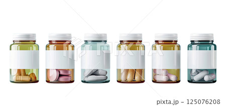 six bottles with blank labels of dark glass with different color pills in every one, and white cup, cut-out, clipping path, transparent six bottles with blank labels of dark glass with different color pills in every one, and white cup, cut-out, clipping path, transparent 125076208