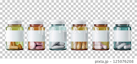 six bottles with blank labels of dark glass with different color pills in every one, and white cup, cut-out, clipping path, transparent 125076208