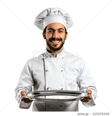 smiling Chef isolated over white background holding silver or stainless steel tray. cut-out, clipping path, transparent smiling Chef isolated over white background holding silver or stainless steel tray. cut-out, clipping path, transparent 125076209