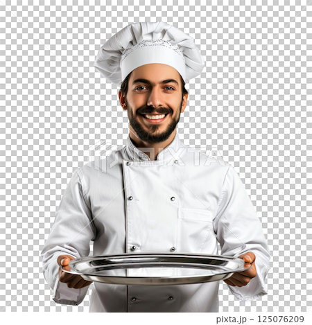 smiling Chef isolated over white background holding silver or stainless steel tray. cut-out, clipping path, transparent 125076209