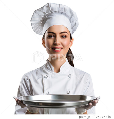smiling female Chef isolated over white background holding silver or stainless steel tray. cut-out, clipping path, transparent 125076210