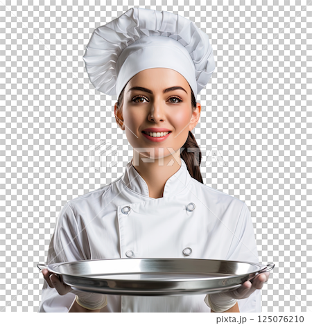 smiling female Chef isolated over white background holding silver or stainless steel tray. cut-out, clipping path, transparent 125076210