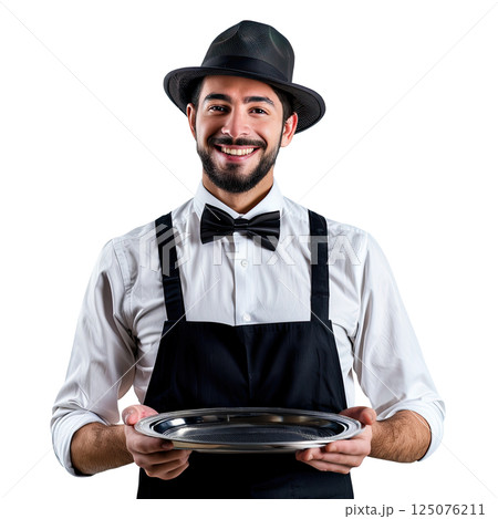 Waiter in the hat holding empty silver tray on white background, cut-out, clipping path, transparent 125076211