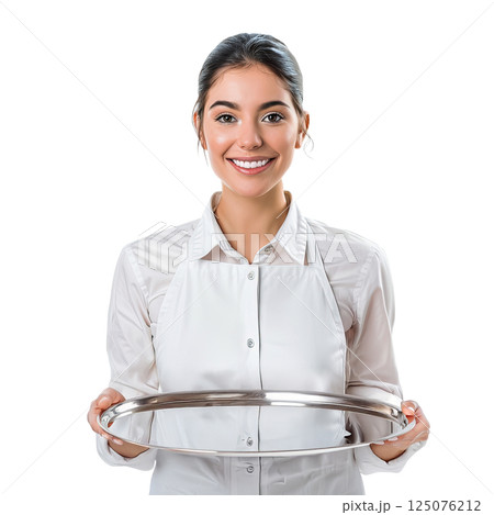 female Waiter holding empty silver tray on white background, cut-out, clipping path, transparent 125076212