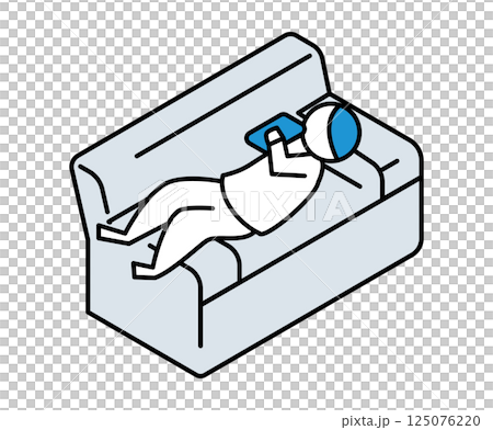 ソファーに寝転んでスマホを見る人のイラスト 125076220