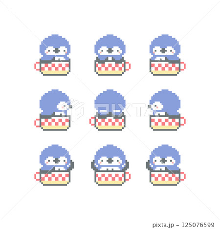コーヒーカップと青色フクロウのドット絵 コーヒーカップと青色フクロウのドット絵 125076599