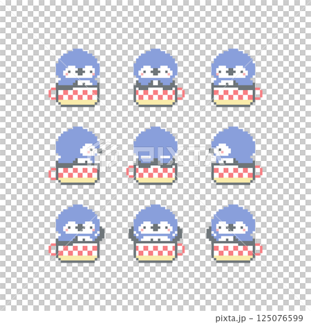 コーヒーカップと青色フクロウのドット絵 コーヒーカップと青色フクロウのドット絵 125076599
