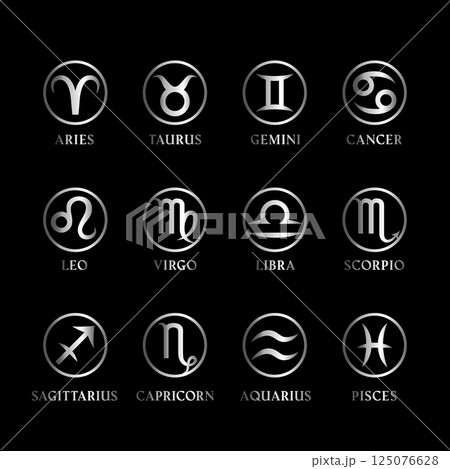 Set of silver metal zodiac signs and symbols with names on black background. Set of silver metal zodiac signs and symbols with names on black background. 125076628