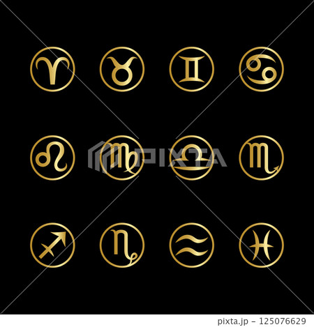 Set of gold metal zodiac signs and symbols with names on black background. Set of gold metal zodiac signs and symbols with names on black background. 125076629