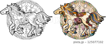 Zentangle galloping horse on mandala. Hand drawn decorative vector illustration for coloring. Color and outline set Zentangle galloping horse on mandala. Hand drawn decorative vector illustration for coloring. Color and outline set 125077102