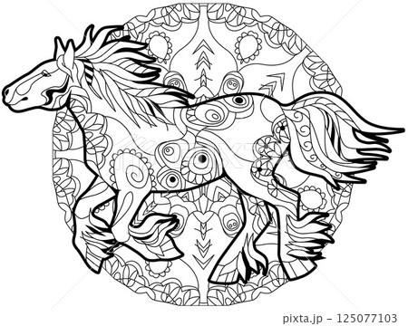 Zentangle galloping horse on mandala. Hand drawn decorative vector illustration for coloring. Zentangle galloping horse on mandala. Hand drawn decorative vector illustration for coloring. 125077103