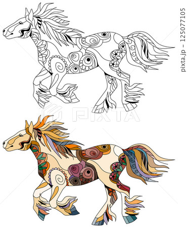Zentangle galloping horse. Hand drawn decorative vector illustration for coloring. Color and outline set 125077105