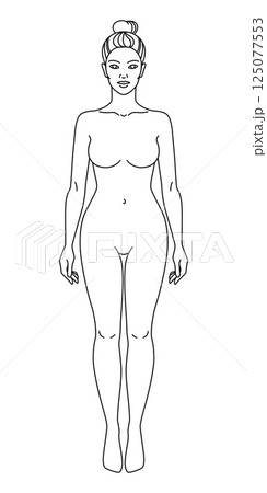 Woman body front view vector illustration. Isolated outline line contour template girl without clothes. Woman body front view vector illustration. Isolated outline line contour template girl without clothes. 125077553