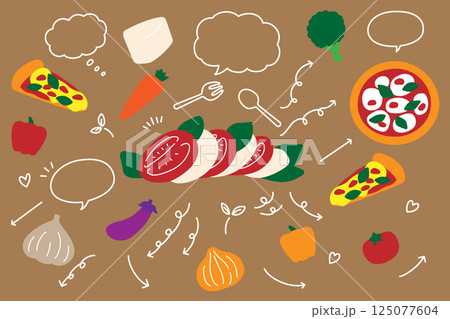 かわいい カプレーゼ ピザ 野菜 吹き出し 矢印 セット かわいい カプレーゼ ピザ 野菜 吹き出し 矢印 セット 125077604