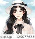 黒いリボンと白い帽子の女性003 125077688