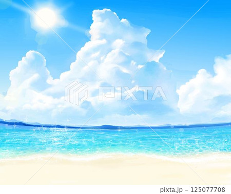 夏の砂浜ー太陽と雲のある青い空と海の美しいリゾートビーチフレームイラスト背景素材 125077708
