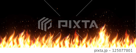 Burning Fire Flames With Sparks On Dark Background. Hot Realistic Fire Border For Banner, Poster, Or Design Decoration. Vector Illustration 125077801