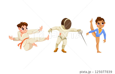 Dynamic Sports Characters in Exciting Action Engaging Karate, Fencing, and Gymnastics Activities 125077839