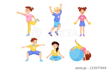 Energetic and lively kids joyfully engaging in fun and exciting physical activities together Energetic and lively kids joyfully engaging in fun and exciting physical activities together 125077849