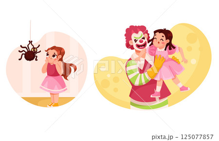 A childs fear of spiders can lessen with the comforting presence of clowns and their fun A childs fear of spiders can lessen with the comforting presence of clowns and their fun 125077857