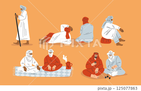 Camping in Hot Desert with Sand Landscape with Tourist and Arab Bedouin Vector Illustration Camping in Hot Desert with Sand Landscape with Tourist and Arab Bedouin Vector Illustration 125077863