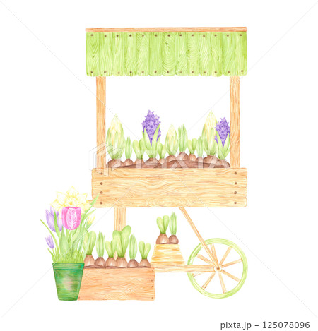 Hand drawn watercolor spring garden composition with wooden cart and flowers isolated on white background. Can be used for postcard, label, scrapbook and other printed products. Hand drawn watercolor spring garden composition with wooden cart and flowers isolated on white background. Can be used for postcard, label, scrapbook and other printed products. 125078096