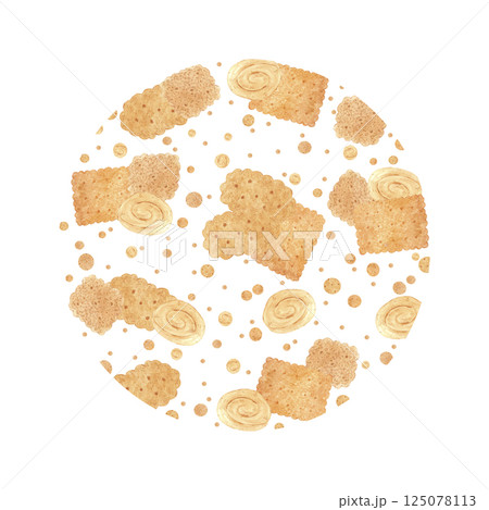 Hand drawn watercolor biscuits with polka-dot round frame border isolated on white background. Can be used for postcard, label, scrapbook and other printed products. Hand drawn watercolor biscuits with polka-dot round frame border isolated on white background. Can be used for postcard, label, scrapbook and other printed products. 125078113
