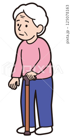 左手で杖をついている左利きのおばあさんの教材風ベクターイラスト 125078163