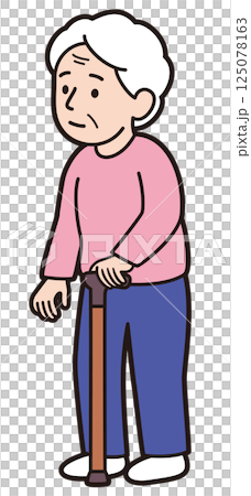 左手で杖をついている左利きのおばあさんの教材風ベクターイラスト 125078163