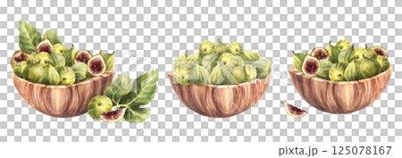 Watercolor Figs fruit with leaves in wooden bowl set. Picked whole and cut ripe fruit harvest with leaves. Realistic hand drawn plant harvest for jam, food label. Illustration Isolated from background 125078167
