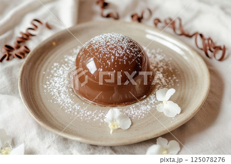 Milk chocolate mousse cake with glossy mirror glaze on pale ceramic plate, sprinkled with powdered sugar and surrounded by chocolate curls, concept of dessert styling, gourmet cuisine, patisserie 125078276