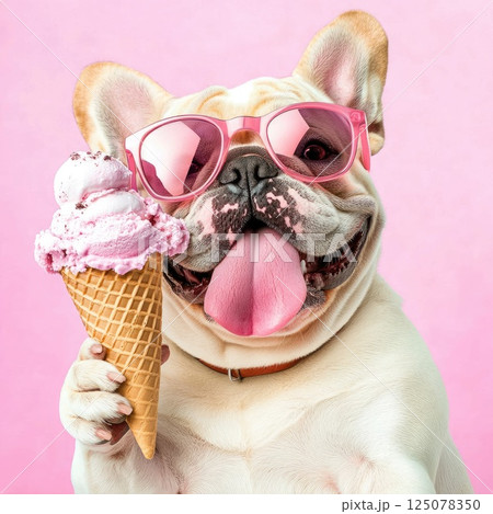 English Bulldog enjoys ice cream with stylish sunglasses on a bright, sunny day 125078350