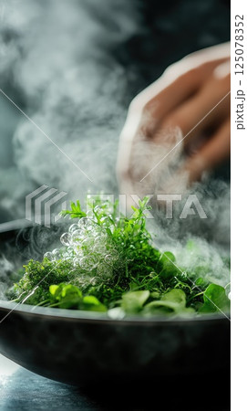 Culinary artistry with next-gen greens and seaweed in a futuristic presentation Culinary artistry with next-gen greens and seaweed in a futuristic presentation 125078352