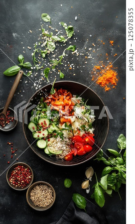 Mid-preparation dynamic overhead shot of vibrant plant-based bowls with flying ingredients Mid-preparation dynamic overhead shot of vibrant plant-based bowls with flying ingredients 125078355