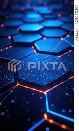 Hexagonal pattern with glowing blue neon lines in a high-tech futuristic style Hexagonal pattern with glowing blue neon lines in a high-tech futuristic style 125078366