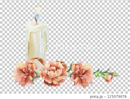 Red carnations, red ribbon and burning candle. Hand drawn watercolor illustration. For Revolution Day, Remembrance Day, Victory Day, Independence Day greeting cards, invitations, posters, labels. Red carnations, red ribbon and burning candle. Hand drawn watercolor illustration. For Revolution Day, Remembrance Day, Victory Day, Independence Day greeting cards, invitations, posters, labels. 125079076