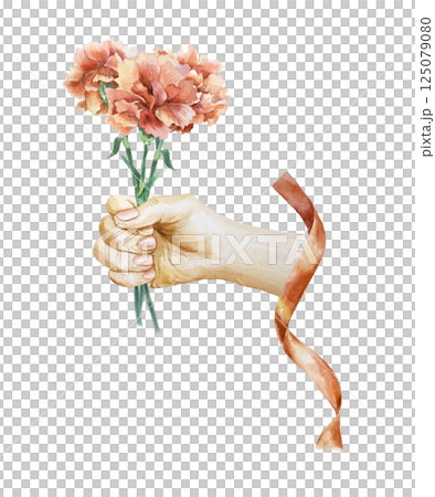 Red carnations bouquet in hand, red ribbon. Hand drawn watercolor illustration isolated. Greeting cards for Revolution Day, Remembrance Day, Victory Day, Independence Day, invitations, posters, labels 125079080