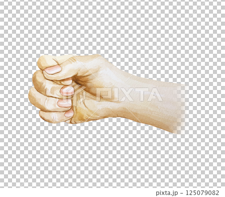 Human hand holding, fingers clenched into a fist. Hand drawn watercolor illustration isolated on white. For greeting cards, invitations, labels, banners, posters. 125079082