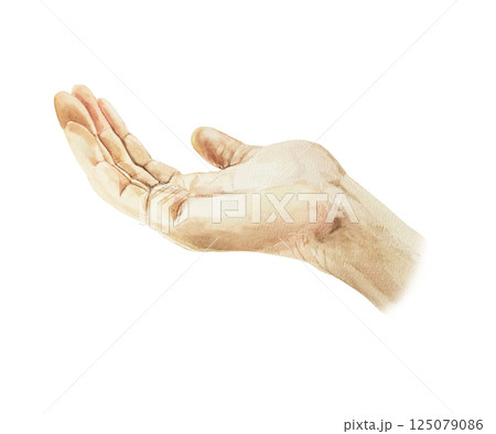 Human hand, open palm, taker gesture. Hand drawn watercolor illustration isolated on white. For Mother's day greeting cards, birthday cards, invitations, labels, banners. 125079086