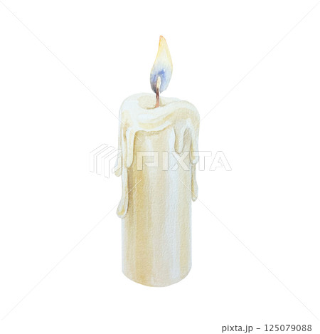 Burning candle with dripping wax. Hand drawn watercolor illustration isolated on white. For Revolution Day, Remembrance Day, Victory Day, Independence Day greeting cards, invitations, posters, labels. 125079088