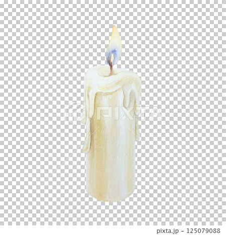 Burning candle with dripping wax. Hand drawn watercolor illustration isolated on white. For Revolution Day, Remembrance Day, Victory Day, Independence Day greeting cards, invitations, posters, labels. 125079088