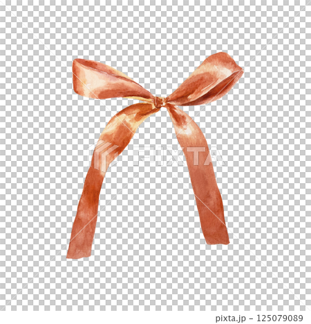 Red satin bow. Decor for Christmas, New Year and birthday gifts, bouquets. Hand drawn watercolor illustration isolated on white. Design element for greeting cards, invitations, labels, banners. 125079089
